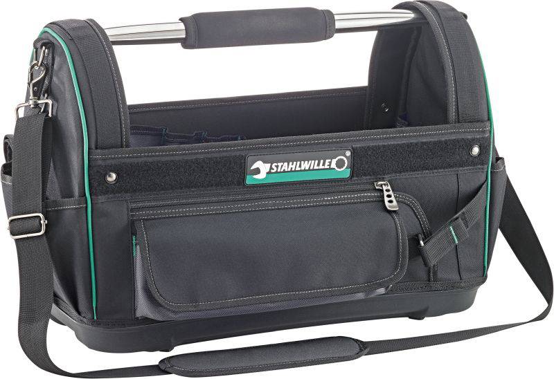 Sac à outils noir avec poignée et bandoulière, logo de marque 'STAHLWILLE' visible sur la face avant.