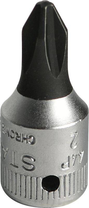 Embout de tournevis, cruciforme, en métal argenté avec pointe noire, marqué 'PZ 2' et 'Chrome'.