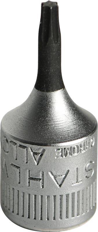 Un embout d'outil en argent avec un embout noir, portant l'inscription 'CHROME ALLOY'. Utilisé pour les travaux de vissage.