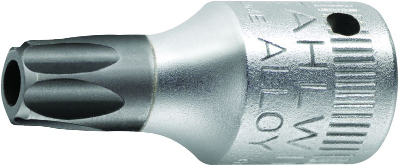 Un embout à tête en argent pour vis à profil Torx, utilisé pour le serrage ou le desserrage précis des vis.
