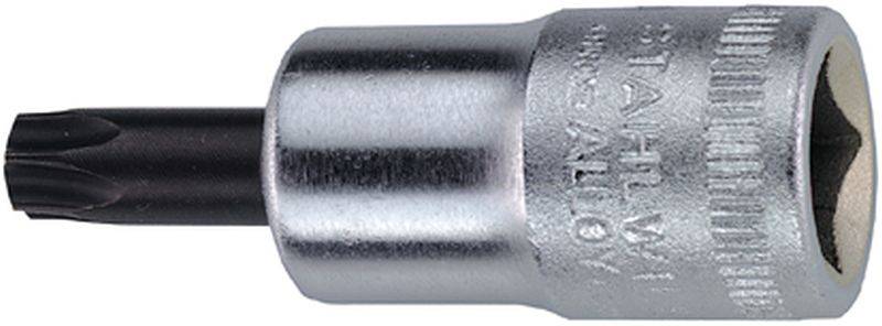Embout Torx avec un manche métallique cylindrique. Adapté pour les fixations avec un logement de profil en T spécial.