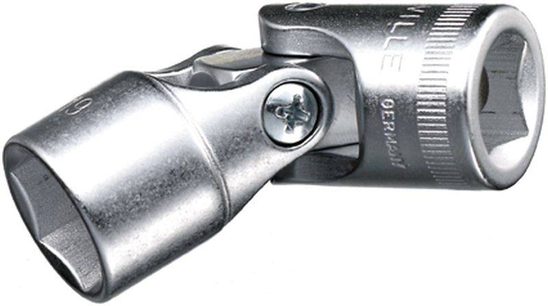 Cardan universel, une pièce d'outil métallique permettant de raccorder des clés à molette de manière flexible, brillante et argentée.
