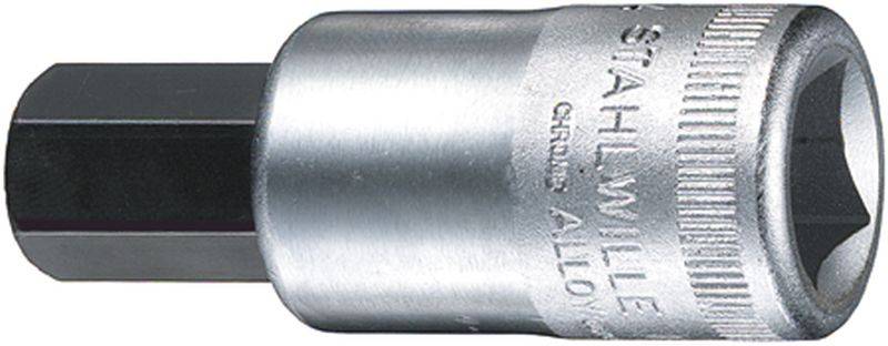 Une clé à cliquet en argent avec embout hexagonal et inscription latérale, adaptée aux vis à tête hexagonale.