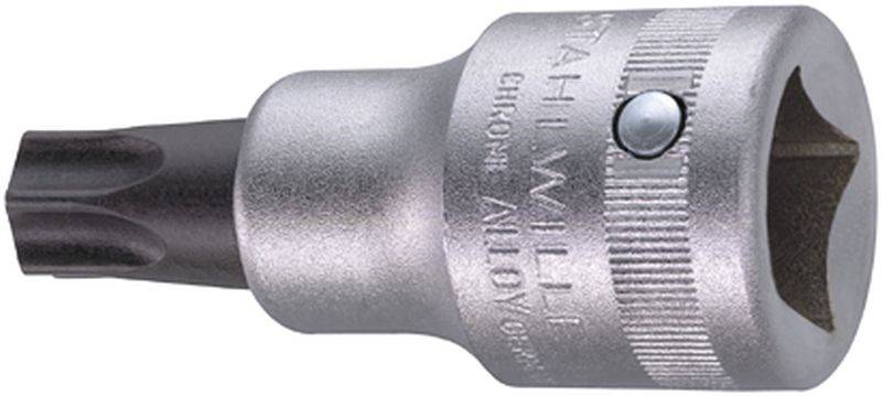 Un embout Torx en argent à huit branches. Des gravures portant le nom du fabricant sont visibles sur la surface métallique.