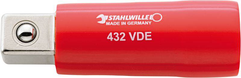 Roter Schraubendreher-Griff mit 'STAHLWILLE MADE IN GERMANY' und '432 VDE' bedruckt, Metallende sichtbarem Kopf, isolierter Griff.