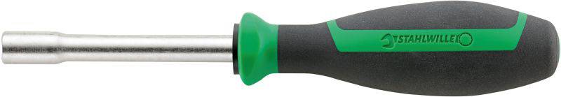 Tournevis avec poignée vert-noir et embout métallique argenté. Logo de la marque visible sur le côté de la poignée.