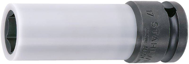 Écrou cylindrique à embase avec coque extérieure blanche et tête noire indiquant la taille '17'. Utilisation : changement de roue de voiture.