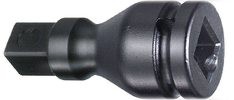 Un adaptateur noir avec une ouverture carrée sur le côté droit et une extrémité hexagonale à gauche ; adapté pour les outils.