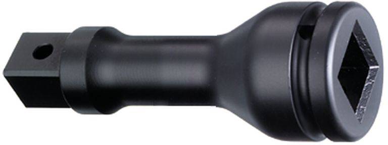 Un adaptateur noir et métallique avec une ouverture carrée à une extrémité. Utilisé pour connecter des outils.