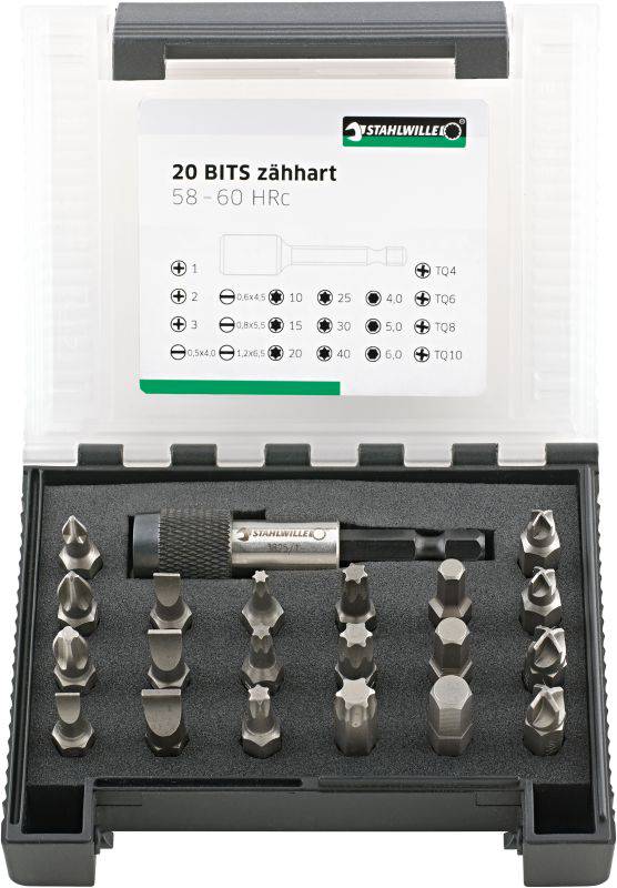 Un ensemble de 20 embouts et d'un support dans un étui en plastique, fabriqué par un fabricant d'outils reconnu, avec une dureté de 58-60 HRC.