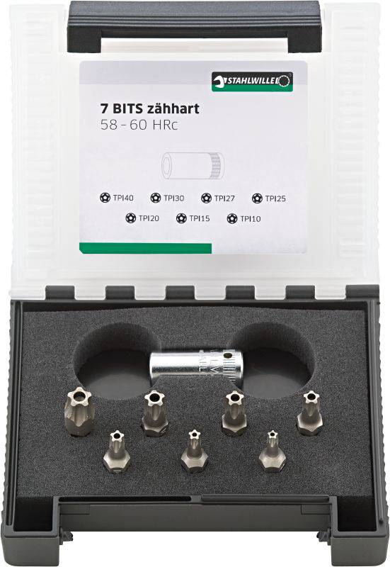 Boîte de rangement contenant 7 embouts robustes et un support, adaptée à différents types de vis. Inscription sur le couvercle : '7 EMBOUTS ultra-durs 58-60 HRC'.