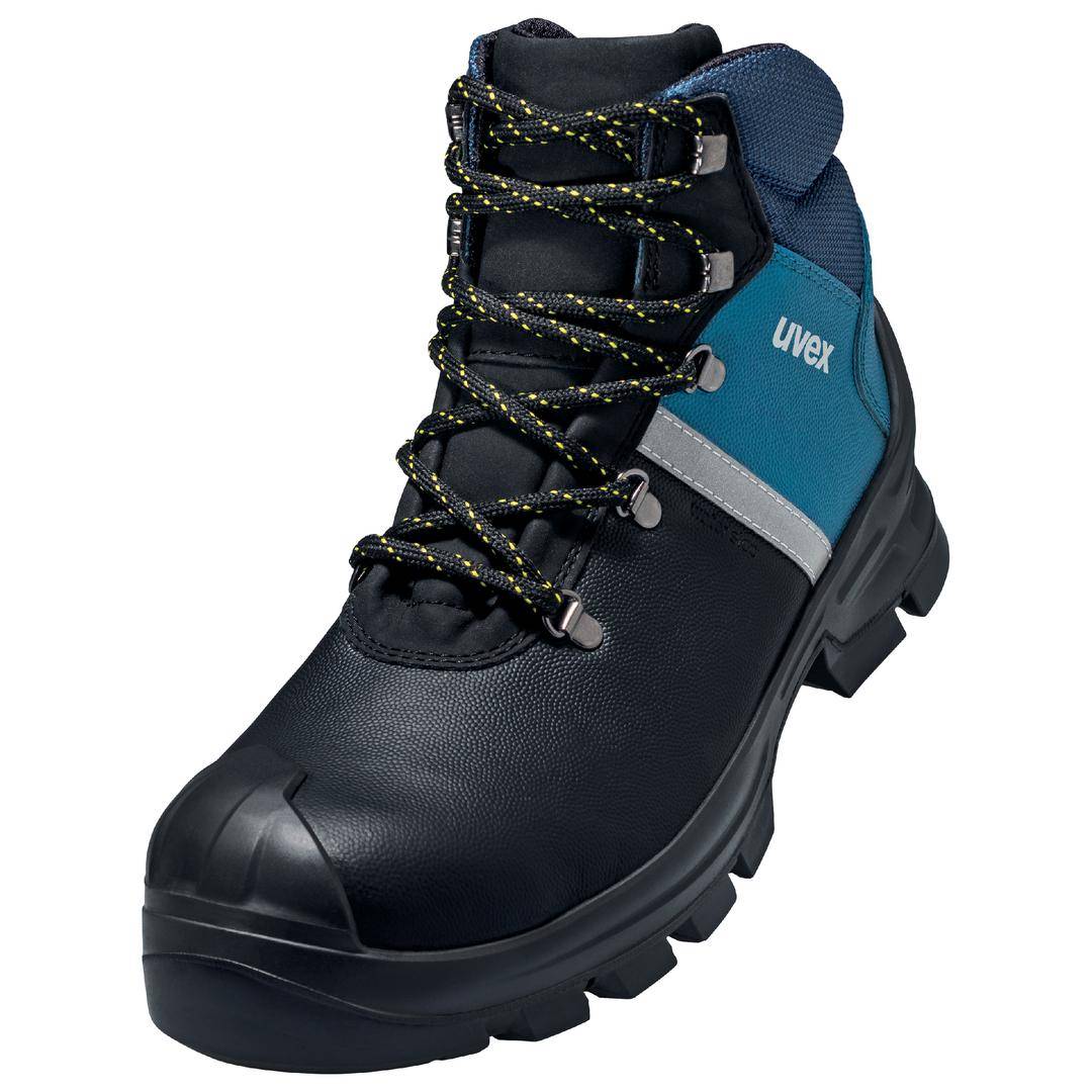 Bottes de sécurité noires avec des détails bleus et des lacets jaunes, adaptées à divers environnements de travail.