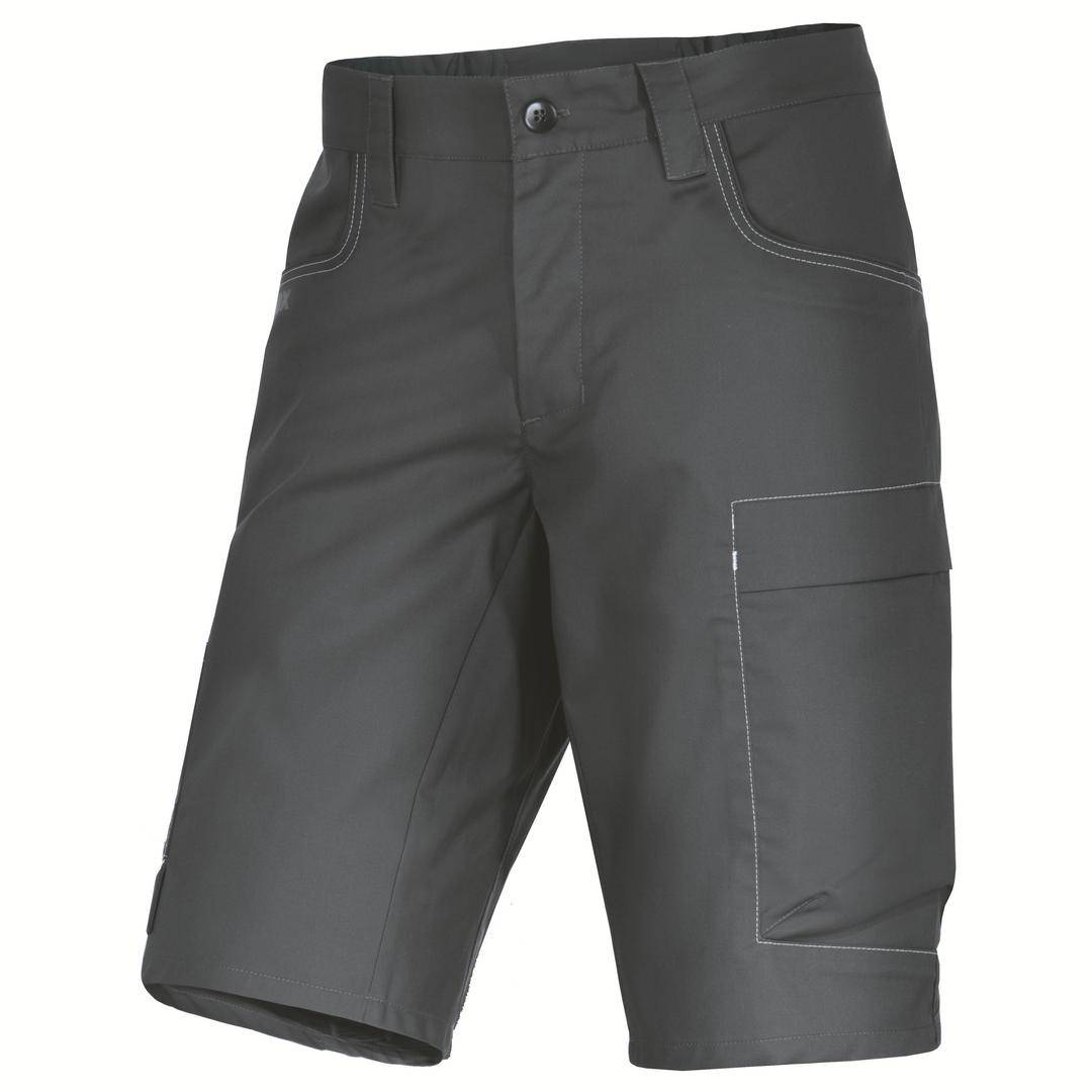 Short de travail gris avec fermeture à boutons, poches avant et une grande poche sur la jambe droite, adaptés aux travaux manuels.