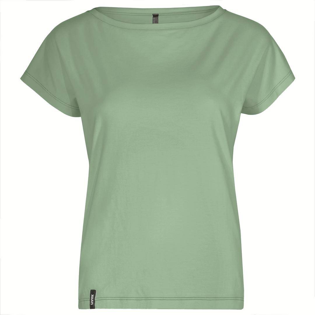 T-shirt vert à manches courtes et col rond, design simple.