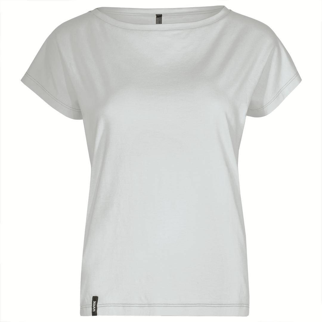 T-shirt blanc simple pour femme, à manches courtes et col rond, légèrement ajusté. Adapté pour des occasions décontractées.
