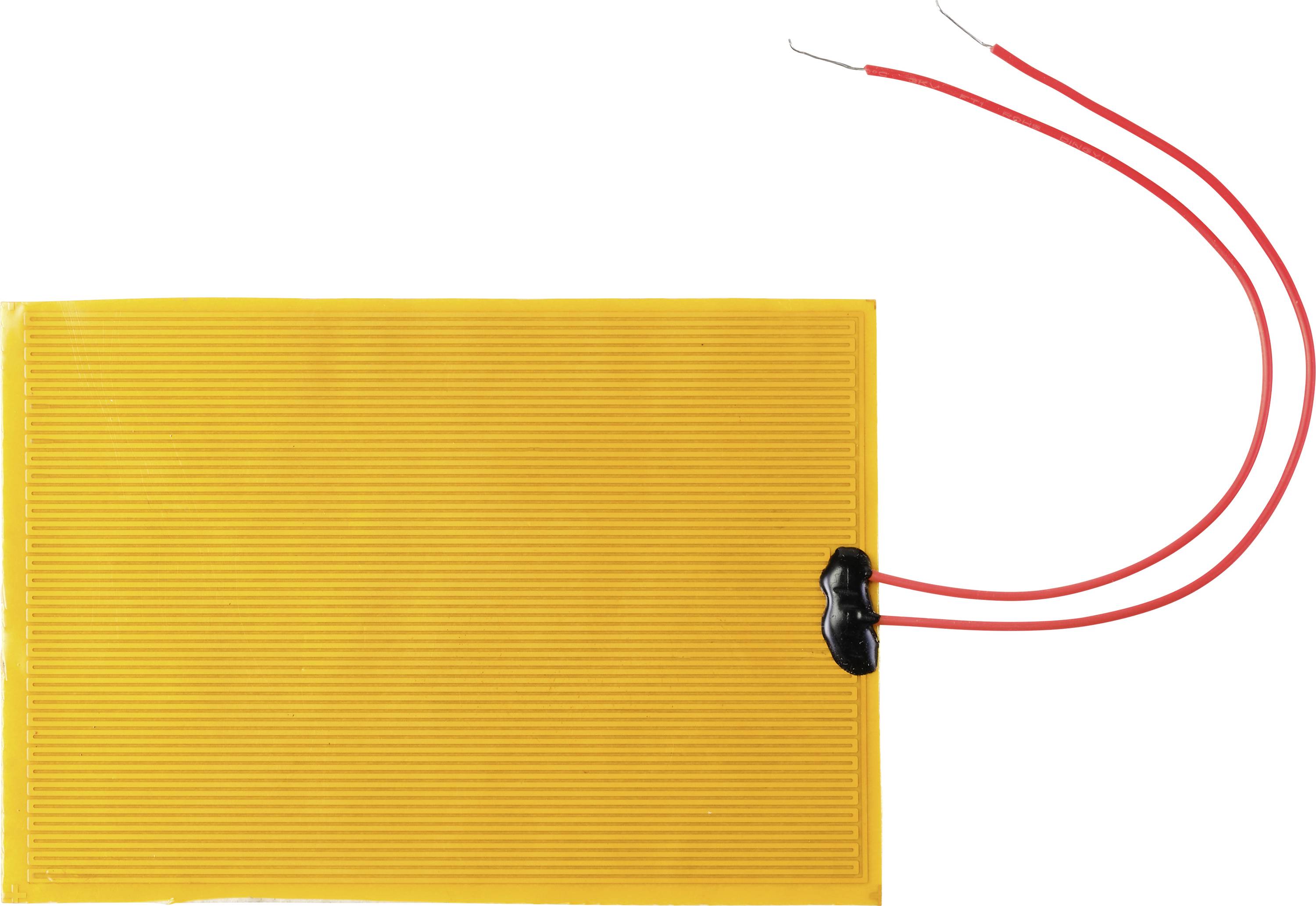 Élément chauffant rectangulaire flexible avec deux fils rouges dépassants, surface jaune, adapté aux applications électroniques.
