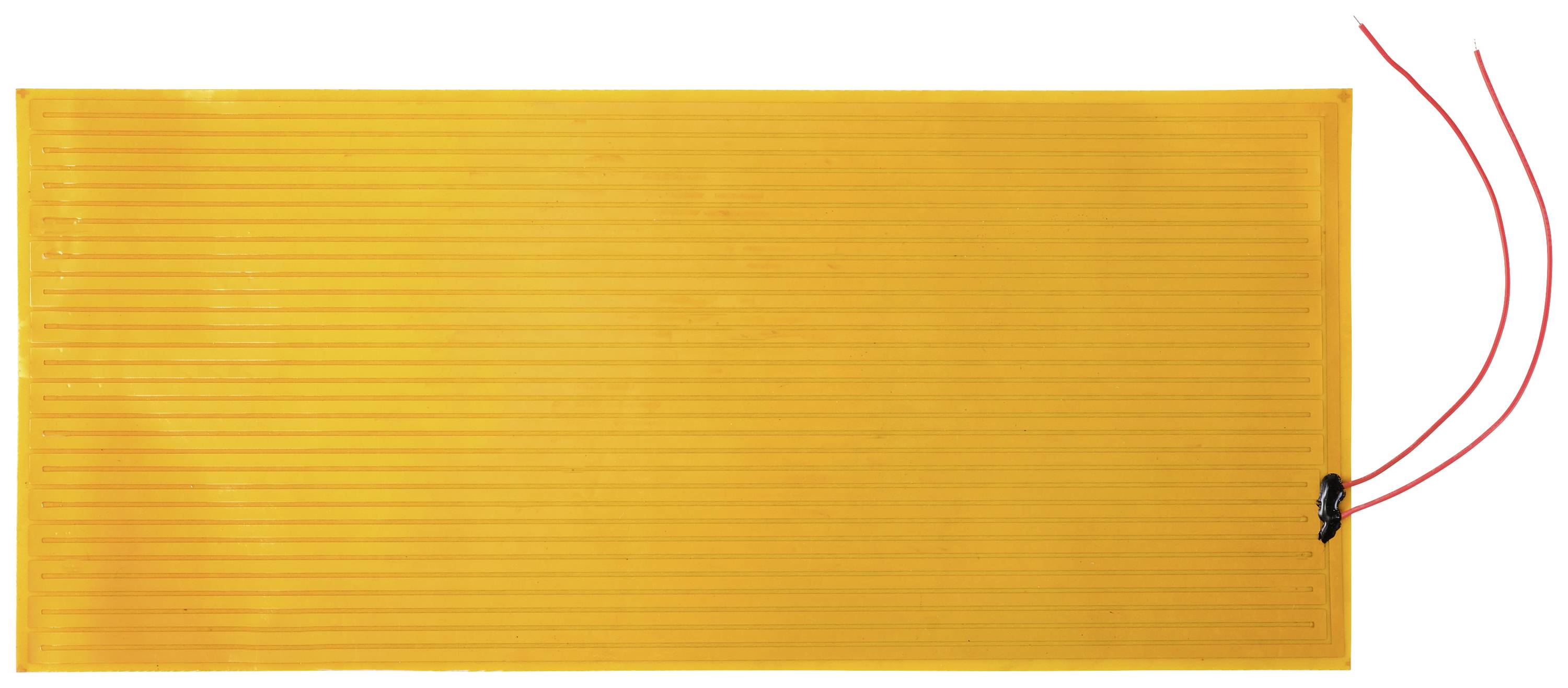Tapis de chauffage électrique de forme rectangulaire avec une surface jaune et deux fils de connexion rouges sur le côté droit.