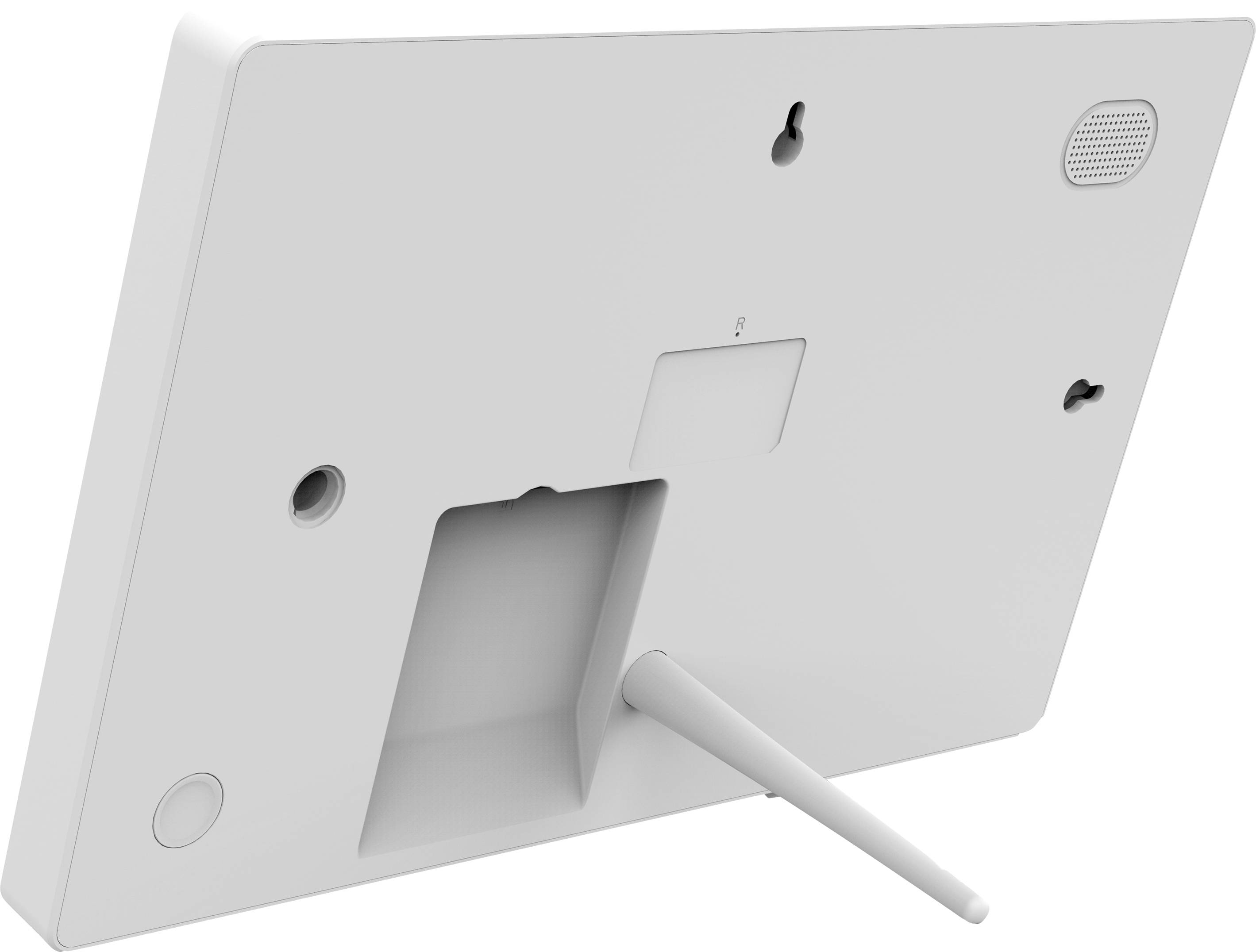 Dos d'un appareil électronique avec support, haut-parleurs et options de montage, éventuellement un écran ou une tablette.