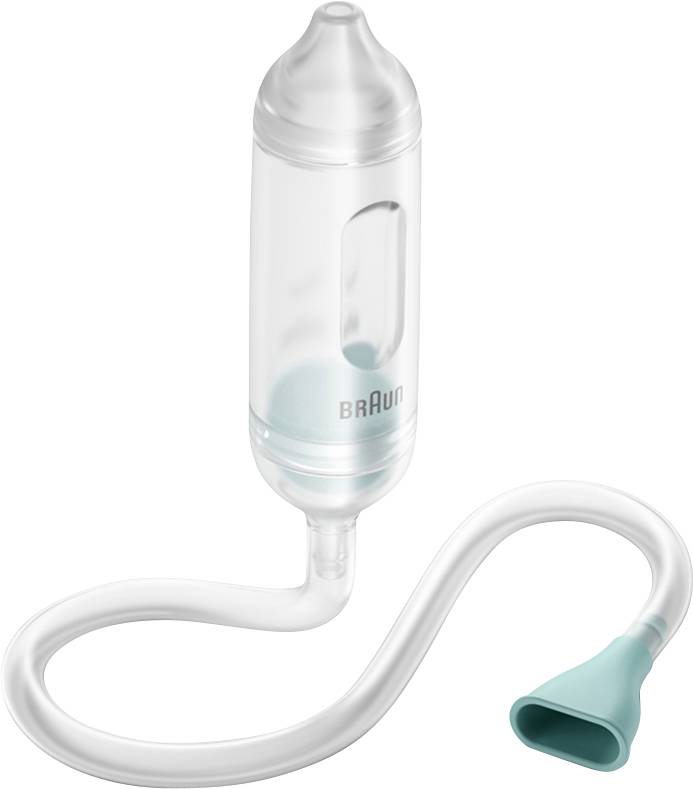 Aspirateur nasal électrique avec réservoir transparent et embout d'aspiration vert, adapté pour nettoyer les nasaux des jeunes enfants.