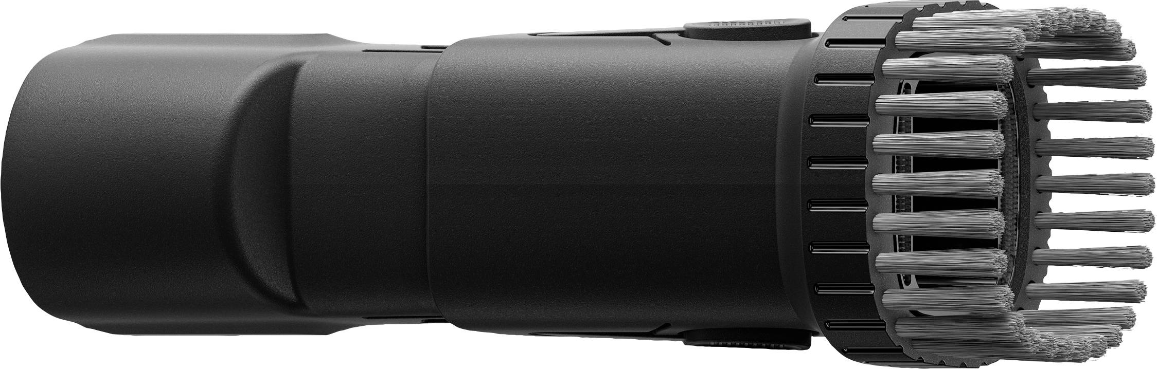 Un embout de brosse noir, cylindrique, avec des poils à l'extrémité droite. Utilisé pour le nettoyage ou l'entretien de surfaces.