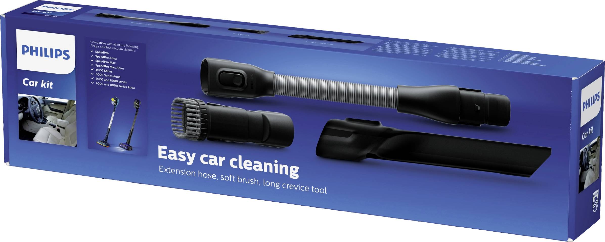 Emballage d'un kit de nettoyage Philips pour voiture comprenant un tuyau d'extension, une brosse douce et une longue buse d'angle, conçu pour un nettoyage automobile facile et pratique.