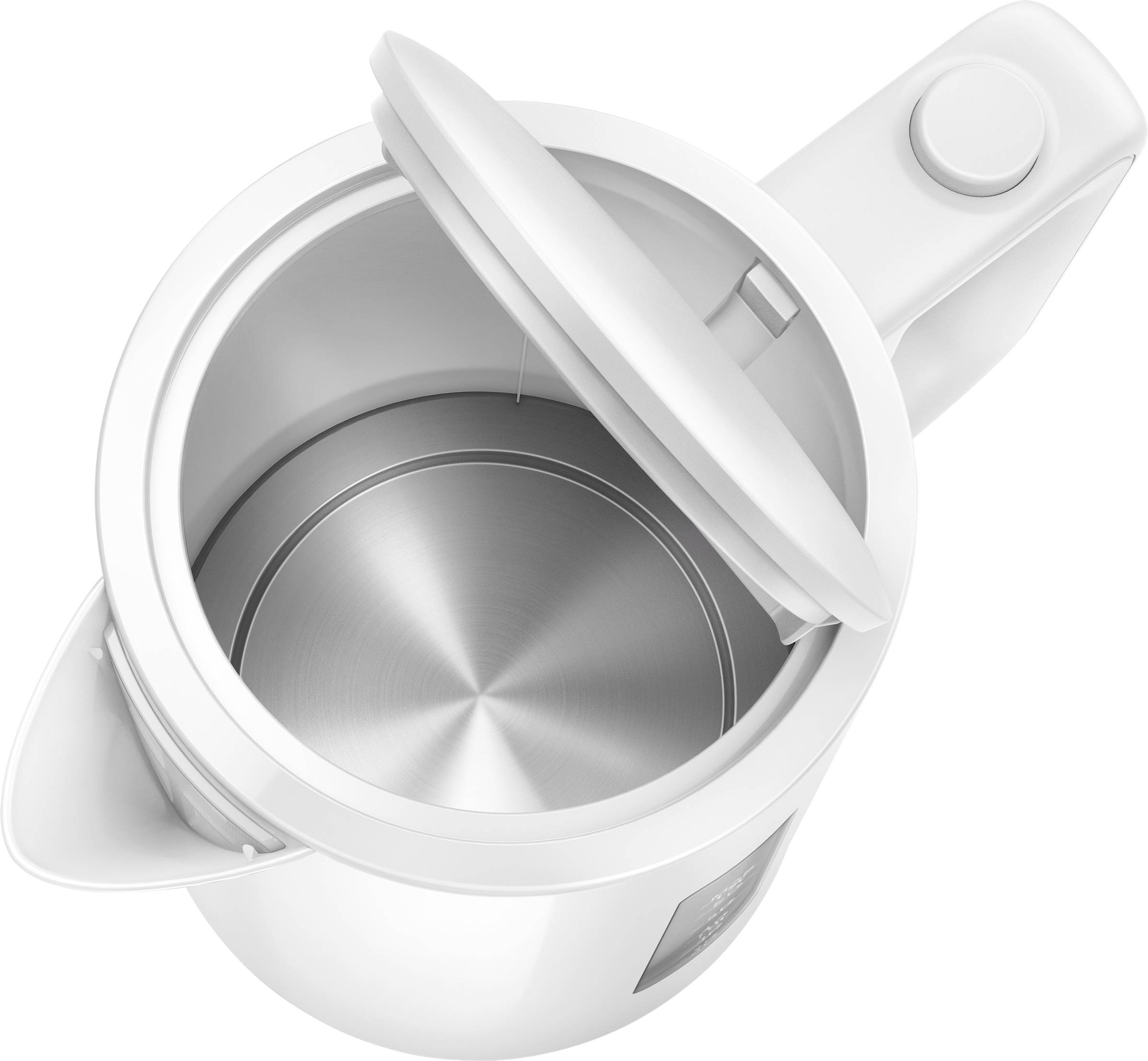 Bouilloire électrique vue de dessus, avec couvercle ouvert, montrant l'intérieur en acier inoxydable.
