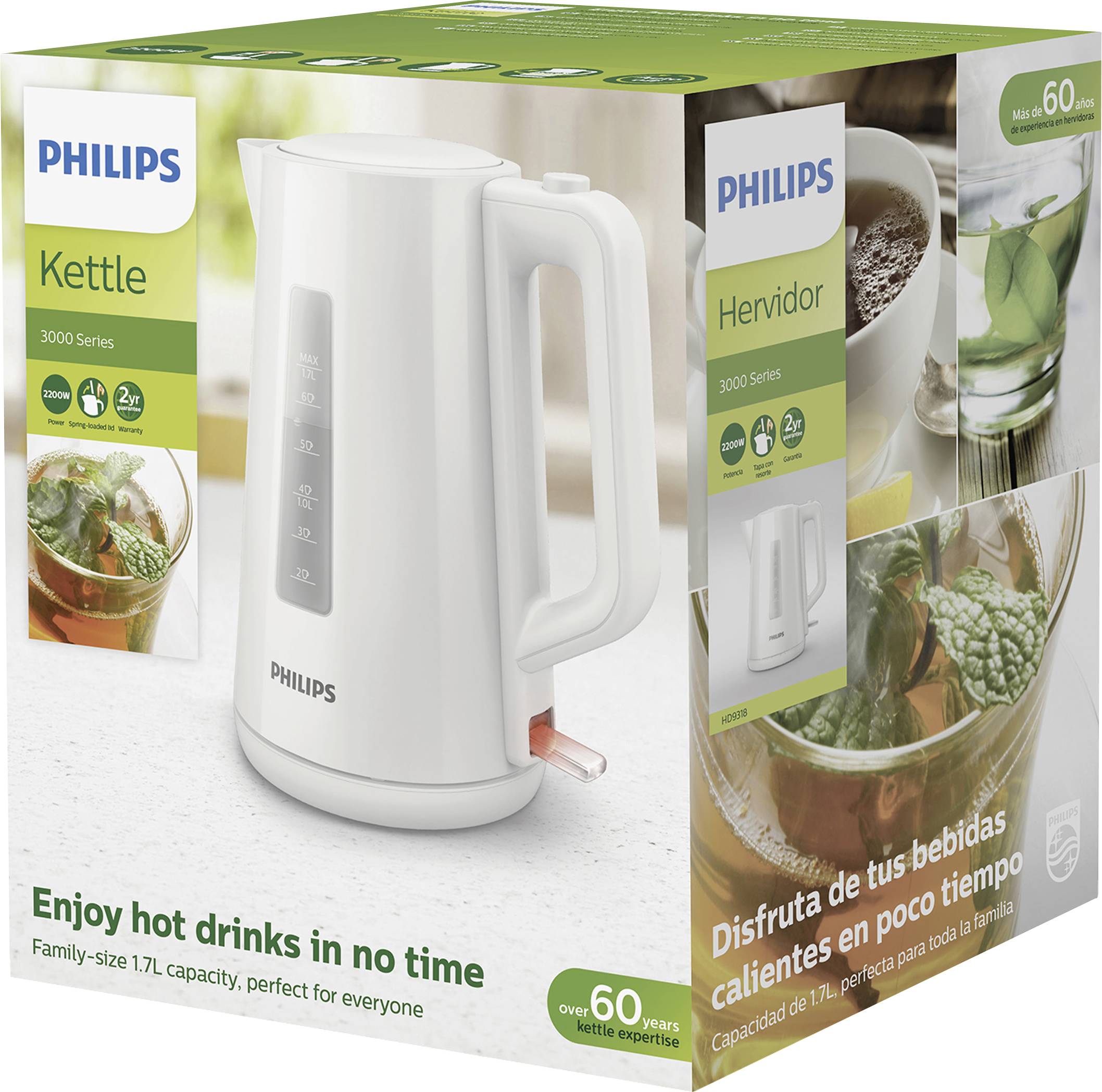 Machine à café électrique blanche Philips, capacité de 1,7 litre. Texte : 'Dégustez des boissons chaudes en un instant'.