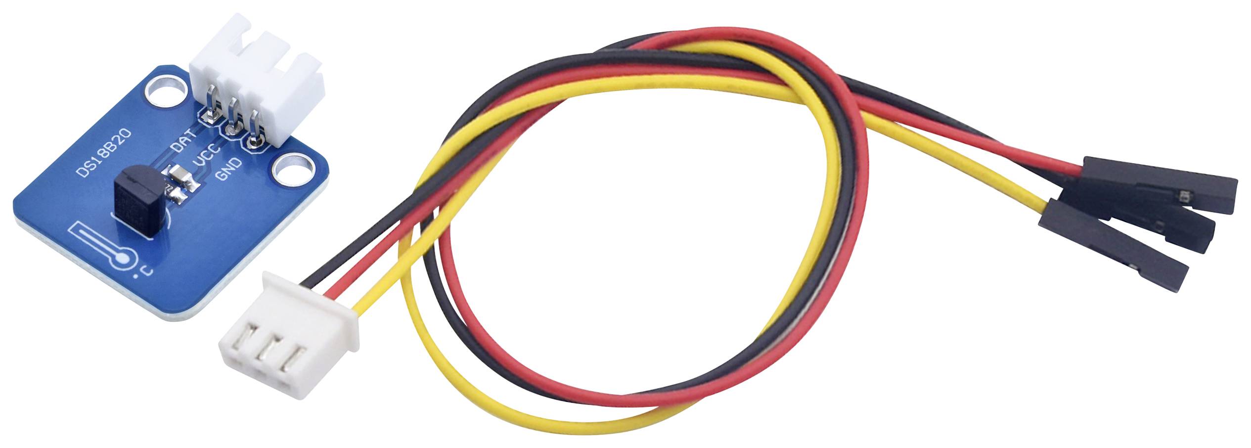 Module de capteur avec câbles : Un module de capteur bleu avec un connecteur blanc, à côté un câble avec des extrémités enfichables en rouge, jaune et noir.