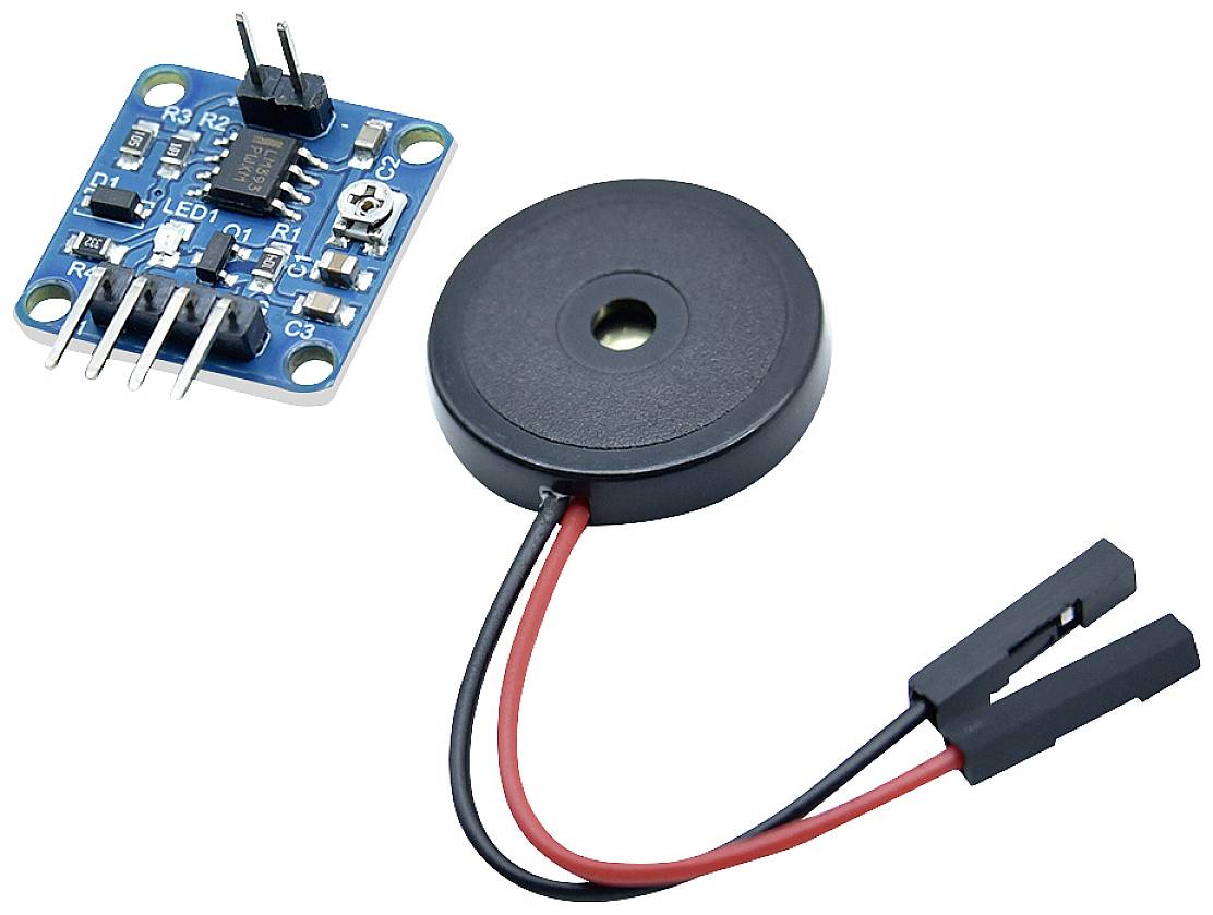 Kit électronique avec un module bleu et un buzzer noir avec des câbles. Composants principaux pour un circuit électronique.
