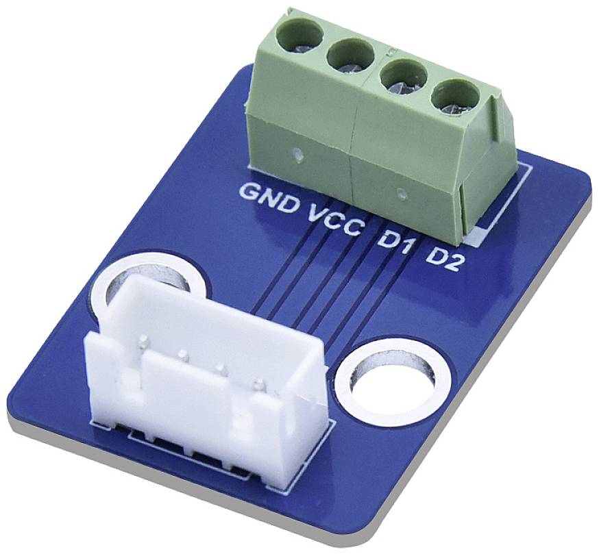 Petit adaptateur bleu avec connexion verte et bloc de raccordement blanc. Étiqueté avec 'GND', 'VCC', 'D1' et 'D2'.