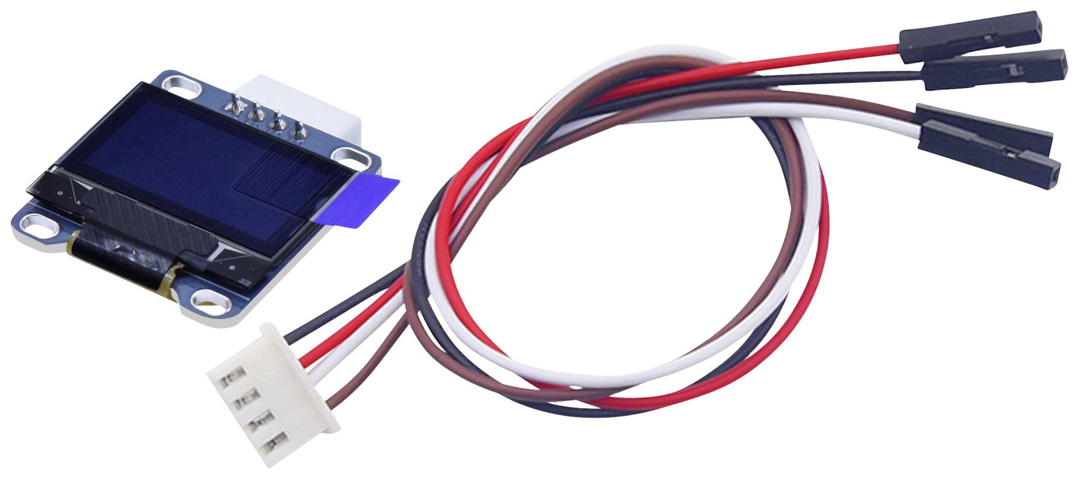 Un petit module d'affichage OLED à côté d'un câble avec quatre connexions, adapté aux projets électroniques et au prototypage.