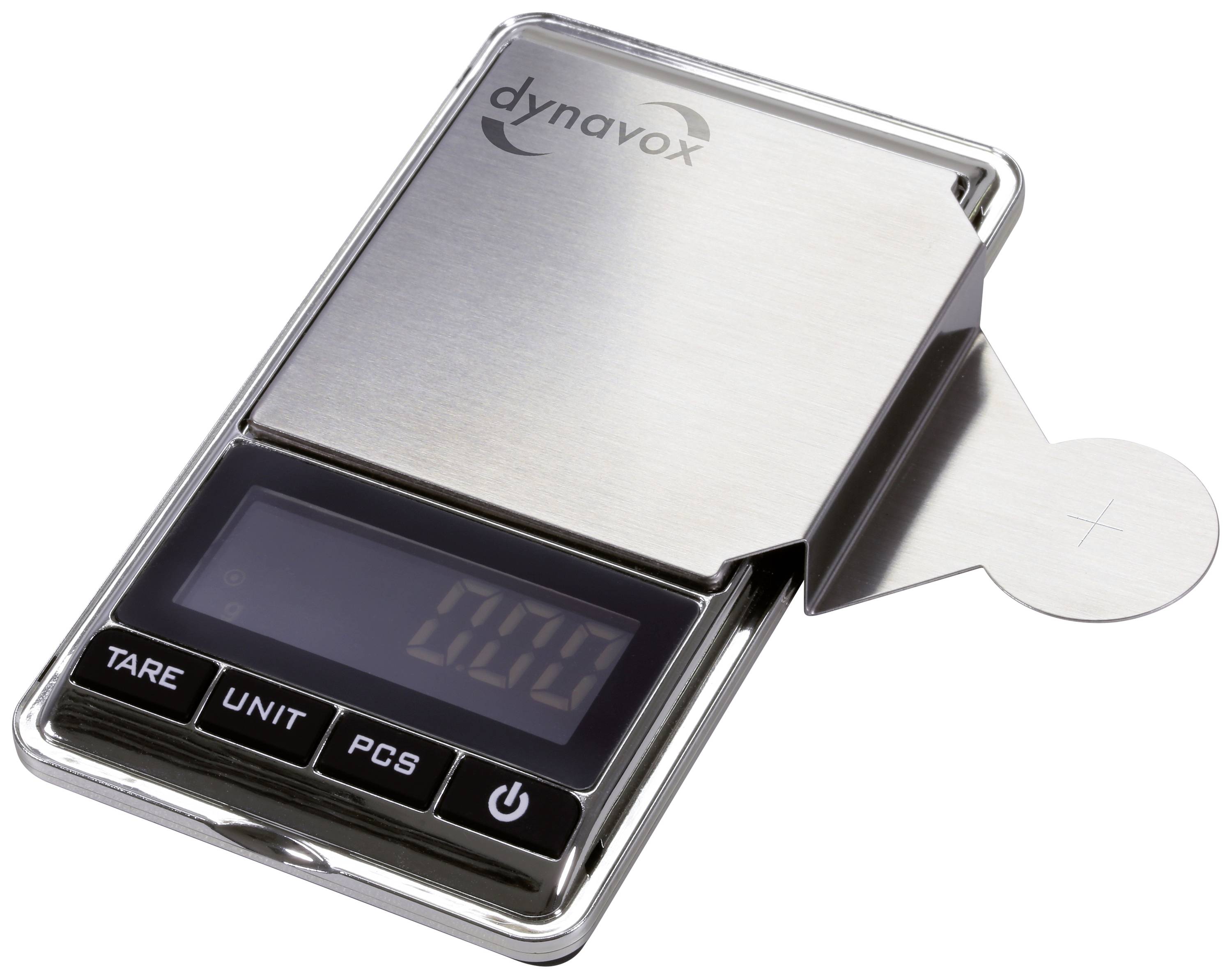 Balance de poche numérique avec plateau de pesée en acier inoxydable, écran et touches pour tare, changement d'unités et comptage de pièces.