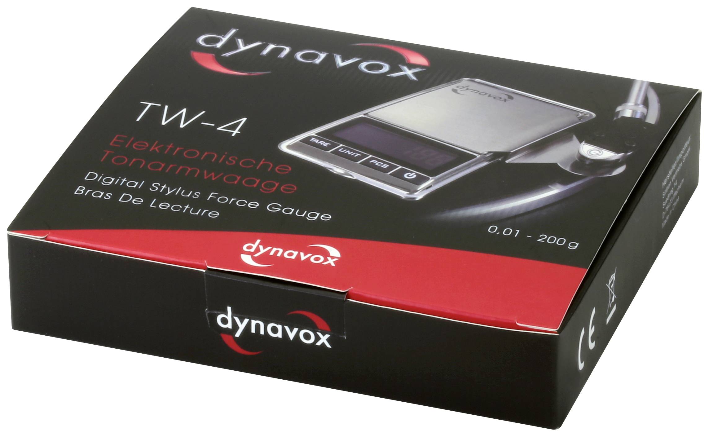 Balance électronique pour bras de pick-up Dynavox TW-4 dans son emballage, adaptée pour des mesures de 0,01 à 200 grammes.