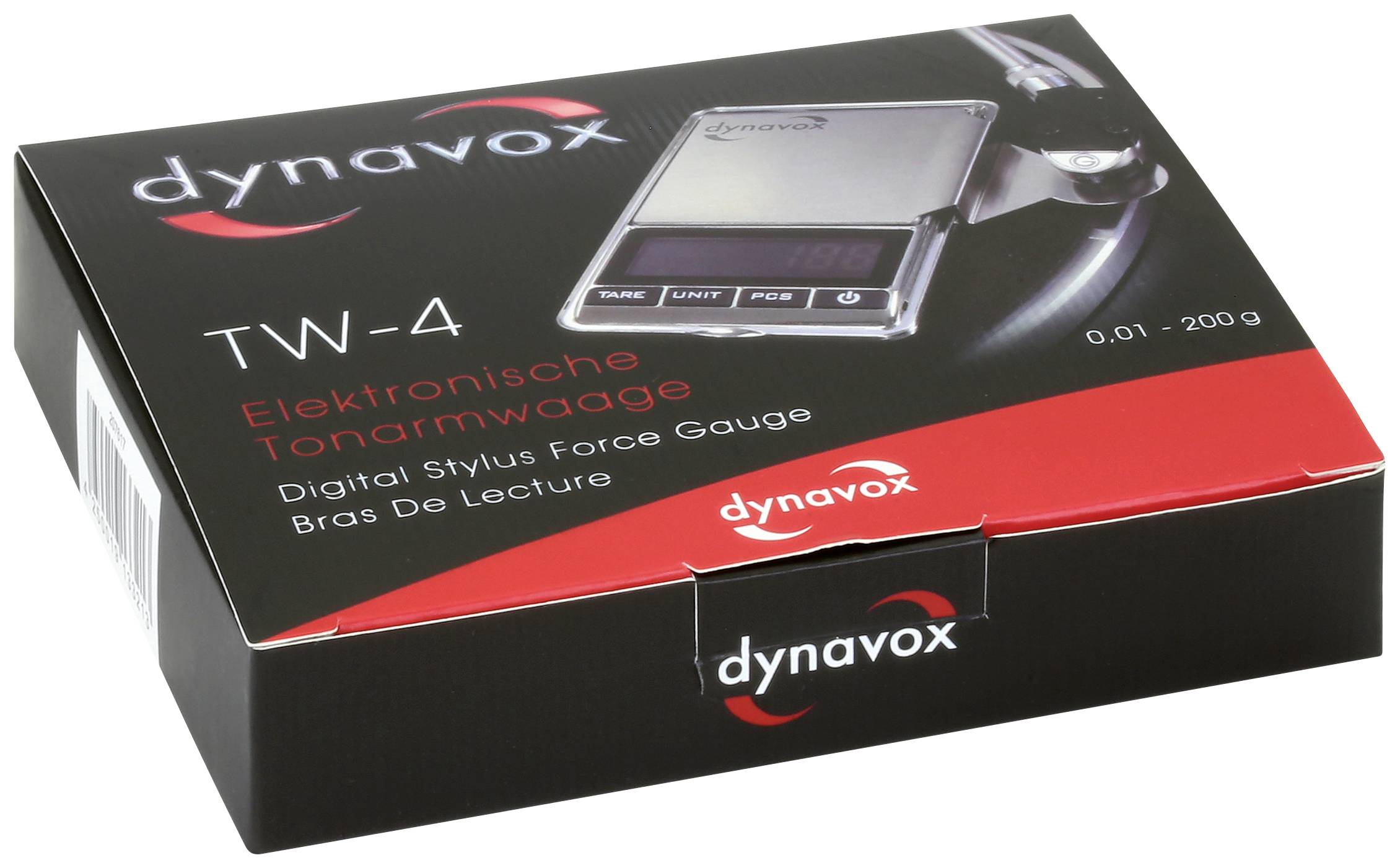 Boîte noire de la marque 'Dynavox', modèle 'TW-4', une balance électronique pour bras de lecture. La face avant présente l'image du produit et ses spécifications.