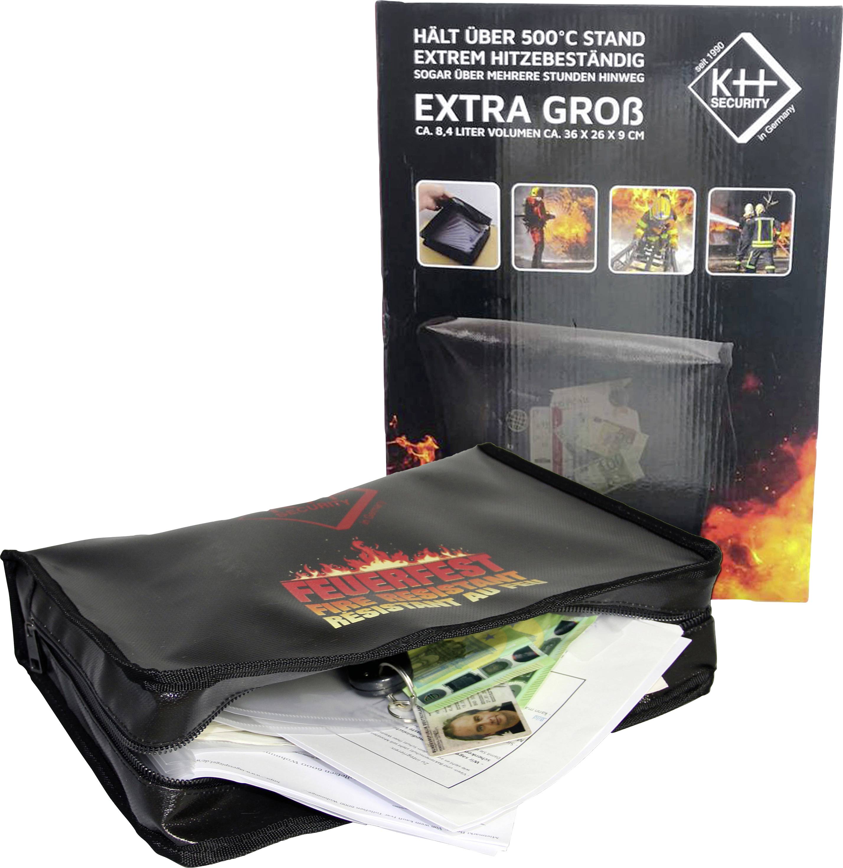 Pochette ignifuge pour documents, noir, marquée 'Résistant au feu', avec un arrière-plan de flammes. L'emballage indique une résistance à la chaleur supérieure à 500°C.