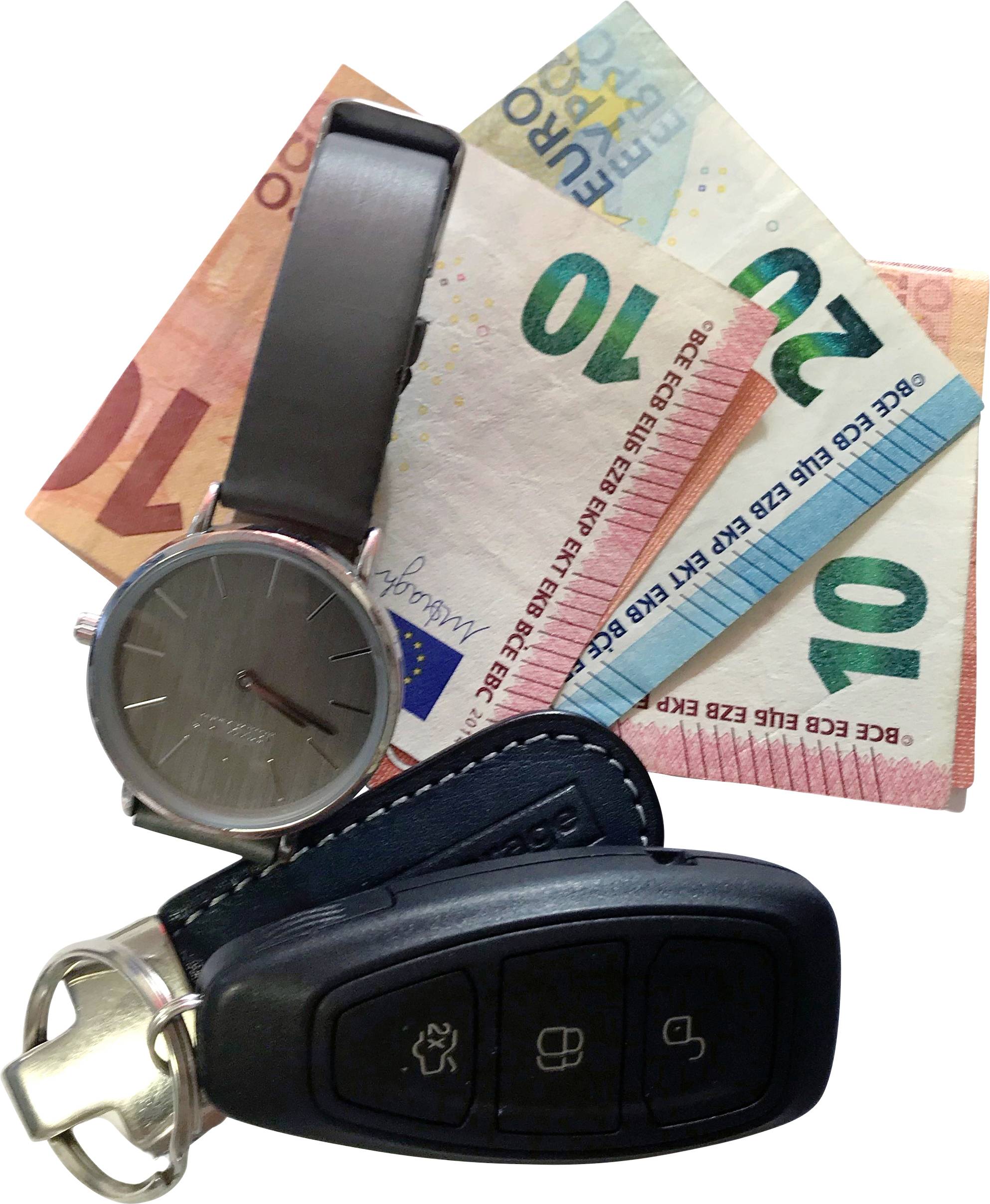 Une montre-bracelet, des billets en euros et des clés de voiture ; symbolise la richesse et la mobilité.