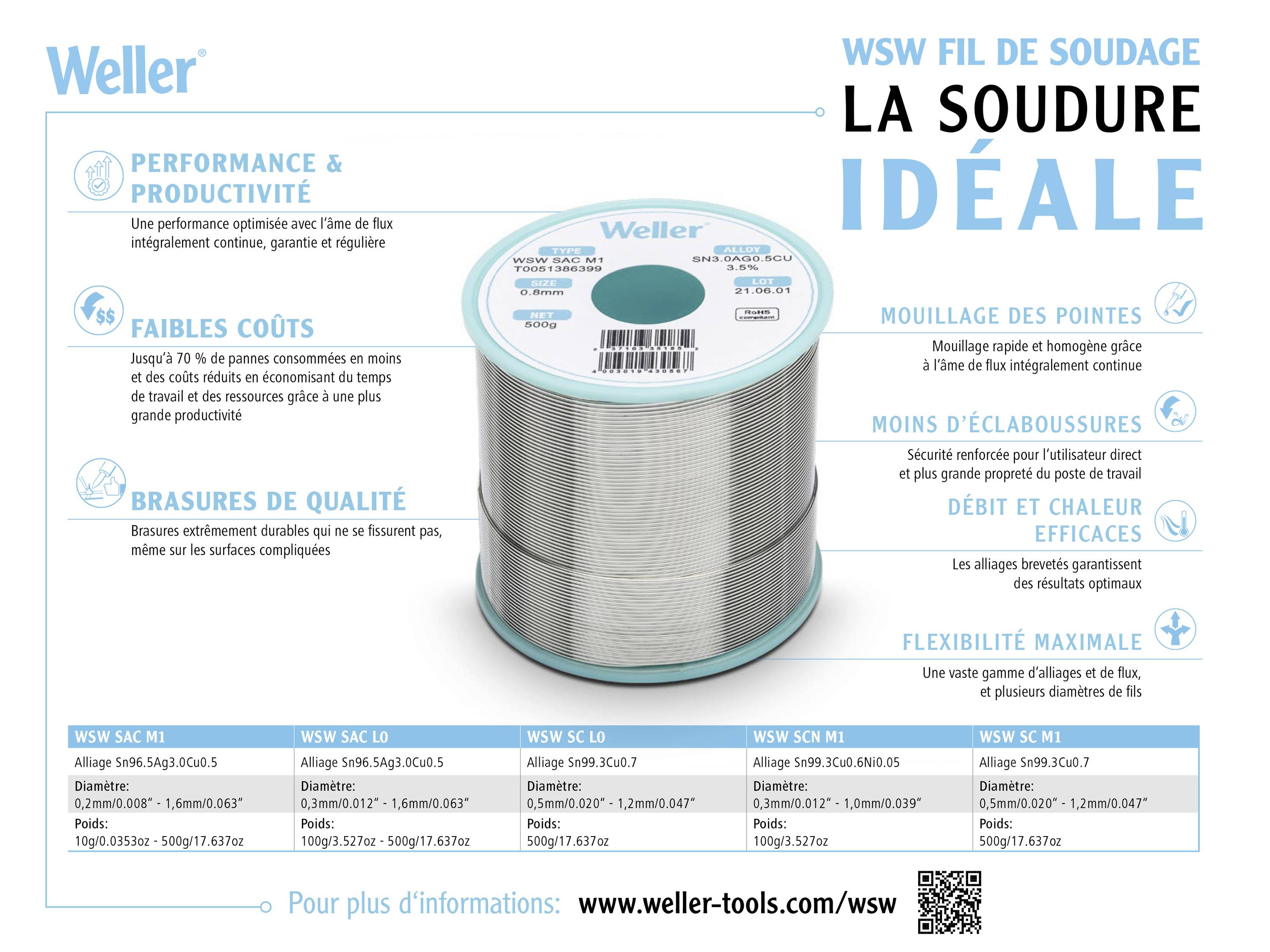Weller T0051402999 Étain à souder sans plomb Sn0,6Cu0,05Ni 21 g 0.30 mm, 0.50 mm, 0.80 mm