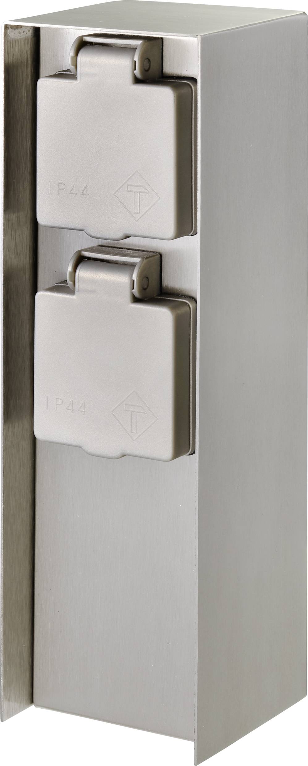 Deux boîtes en acier inoxydable avec couvercles de protection, disposées verticalement. Boîtier de classe de protection IP44, adapté aux zones extérieures.