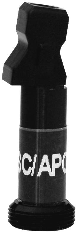 Un adaptateur noir pour connecteur avec l'inscription 'SC/APC', utilisé pour raccorder des câbles à fibre optique dans les réseaux de fibre optique.