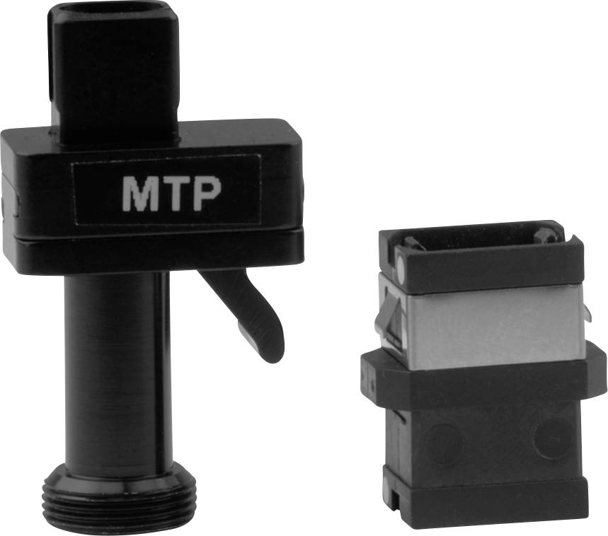 Un connecteur MTP noir avec mécanisme push-pull, à côté d'un réceptacle, tous deux en plastique, représentés sur un fond blanc.
