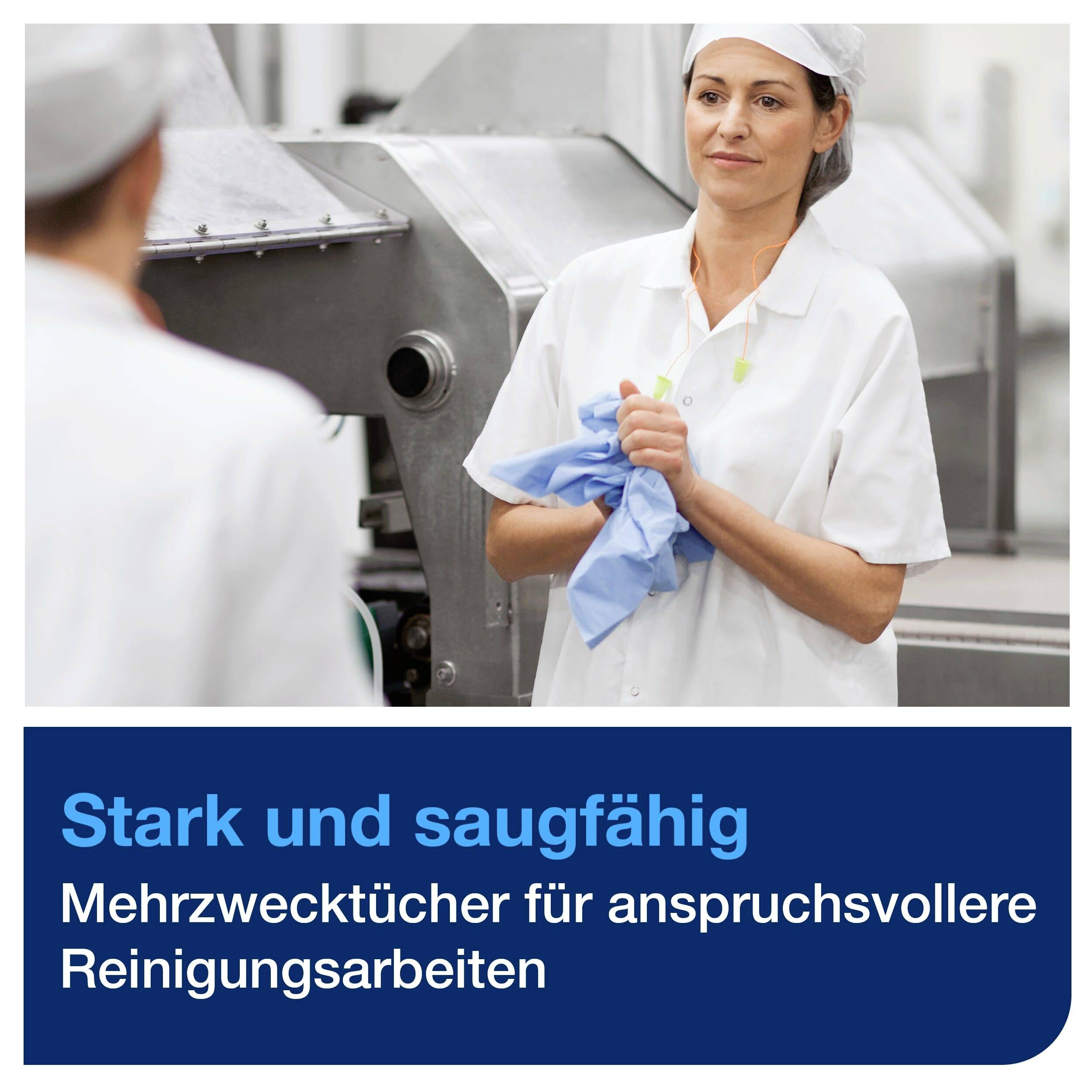 Une femme en tenue de travail tient un chiffon bleu devant une machine. Texte sur fond bleu : « Fort et absorbant. Lingettes multifonctions pour des travaux de nettoyage exigeants ».
