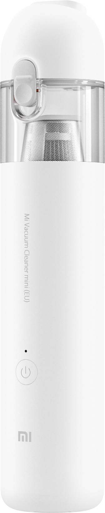 Un aspirateur portable blanc mini de Xiaomi avec une section supérieure transparente et un bouton marche/arrêt visible.