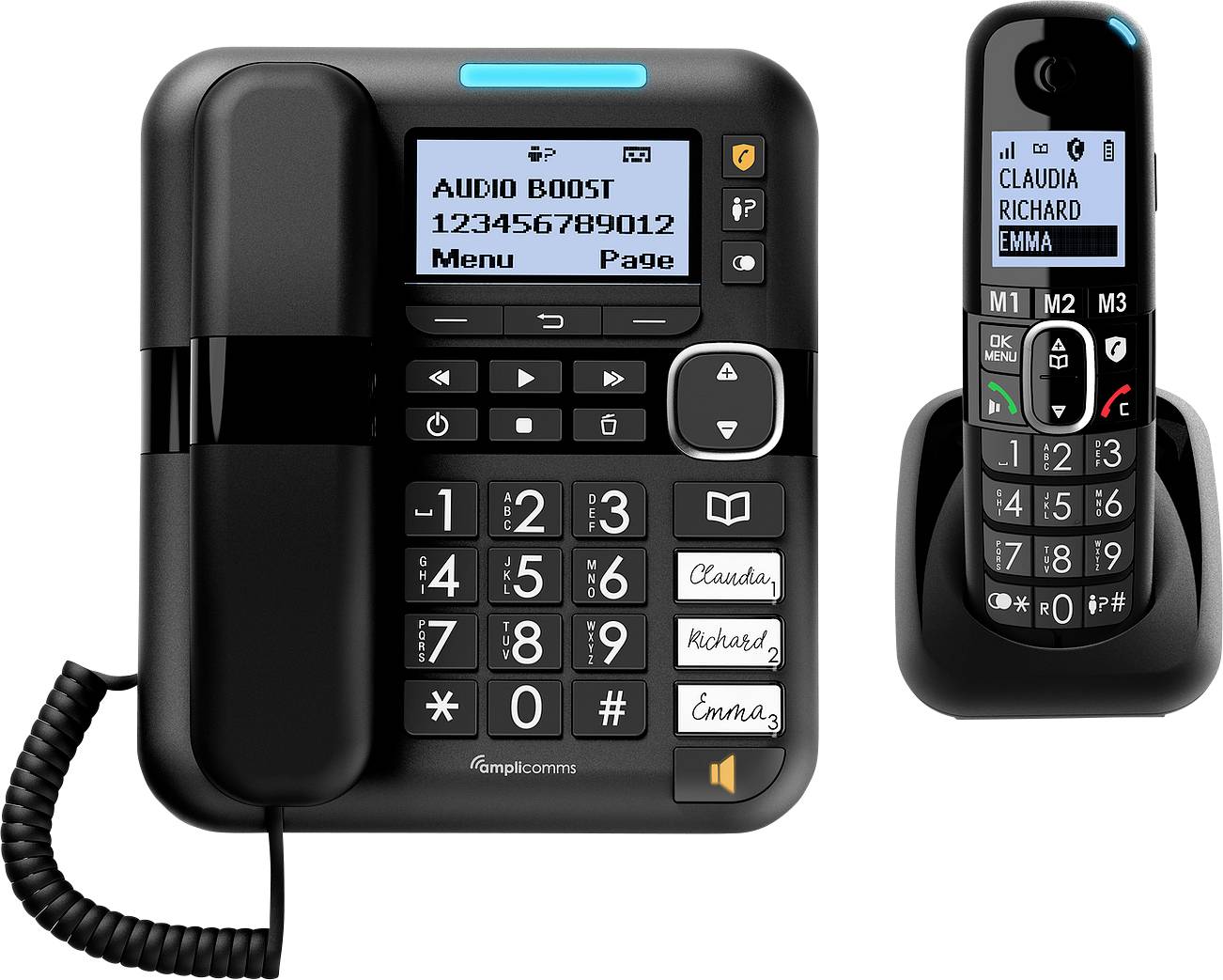 Amplicomms BigTel 1580 Combo EU Téléphone filaire pour séniors fonction mains libres, compatible avec les appareils auditifs