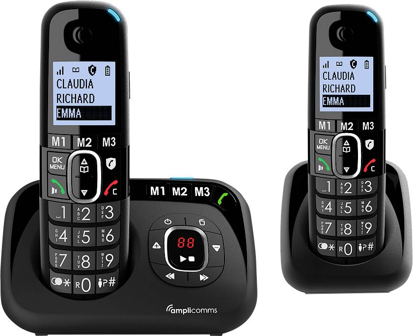 Amplicomms BigTel 1582 Combiné DECT fonction mains libres, compatible avec les appareils auditifs, recomposition automatique du