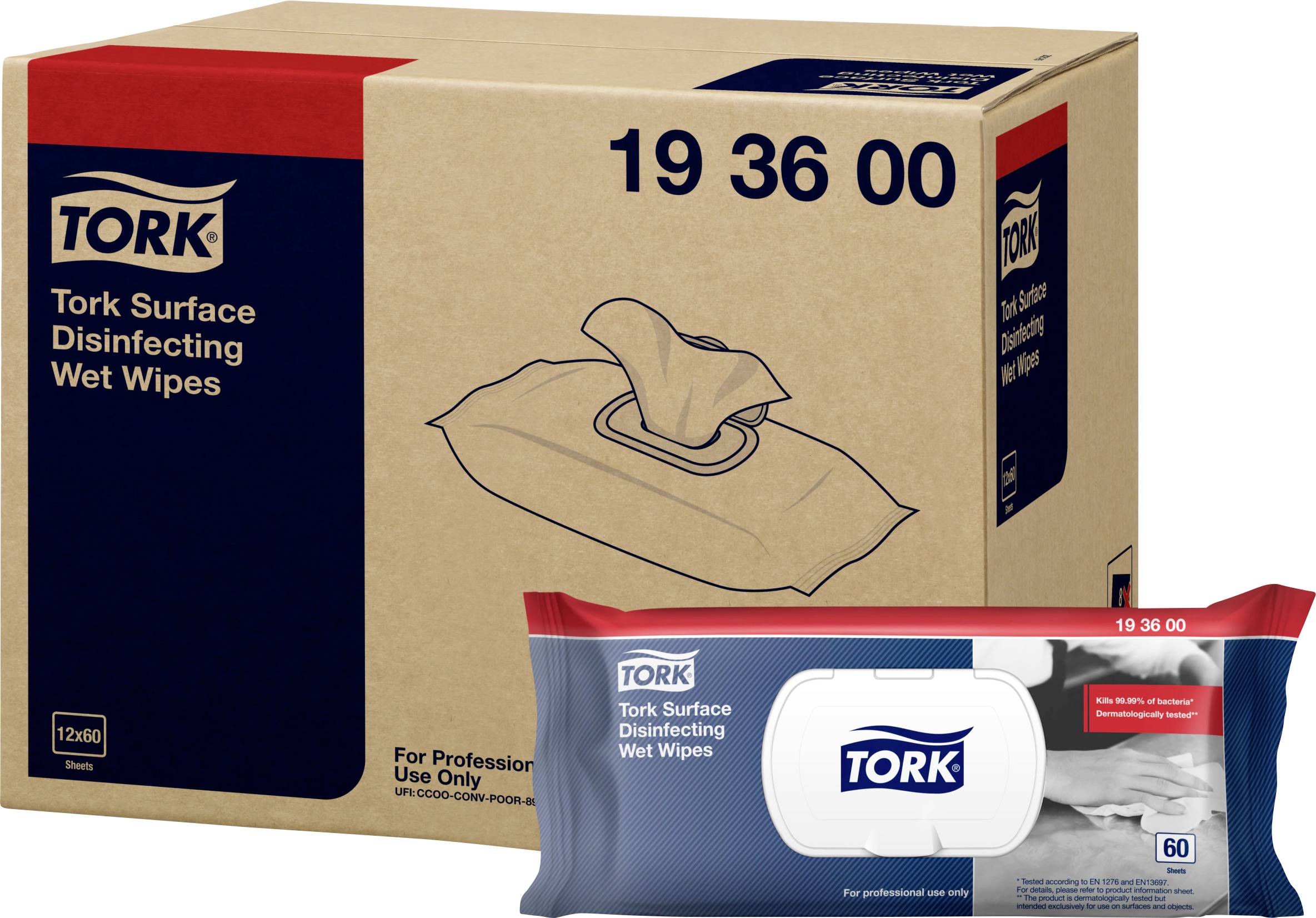 Un grand carton et un paquet de lingettes désinfectantes humides Tork pour usage professionnel. Contient 60 lingettes.
