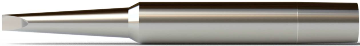 Un objet métallique pointu, probablement un fer à souder, brillant et de forme cylindrique sur un fond blanc.