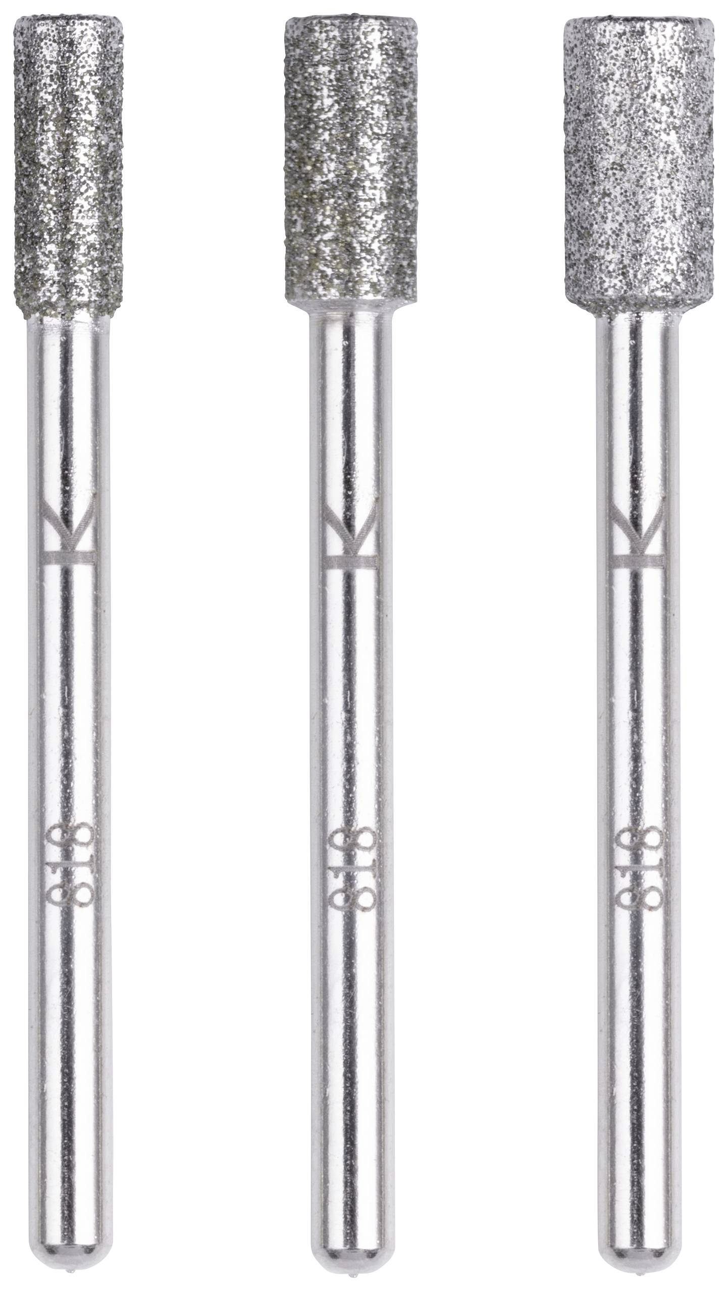 Trois outils de meulage métalliques à tête cylindrique et surface scintillante, alignés côte à côte sur un fond blanc.