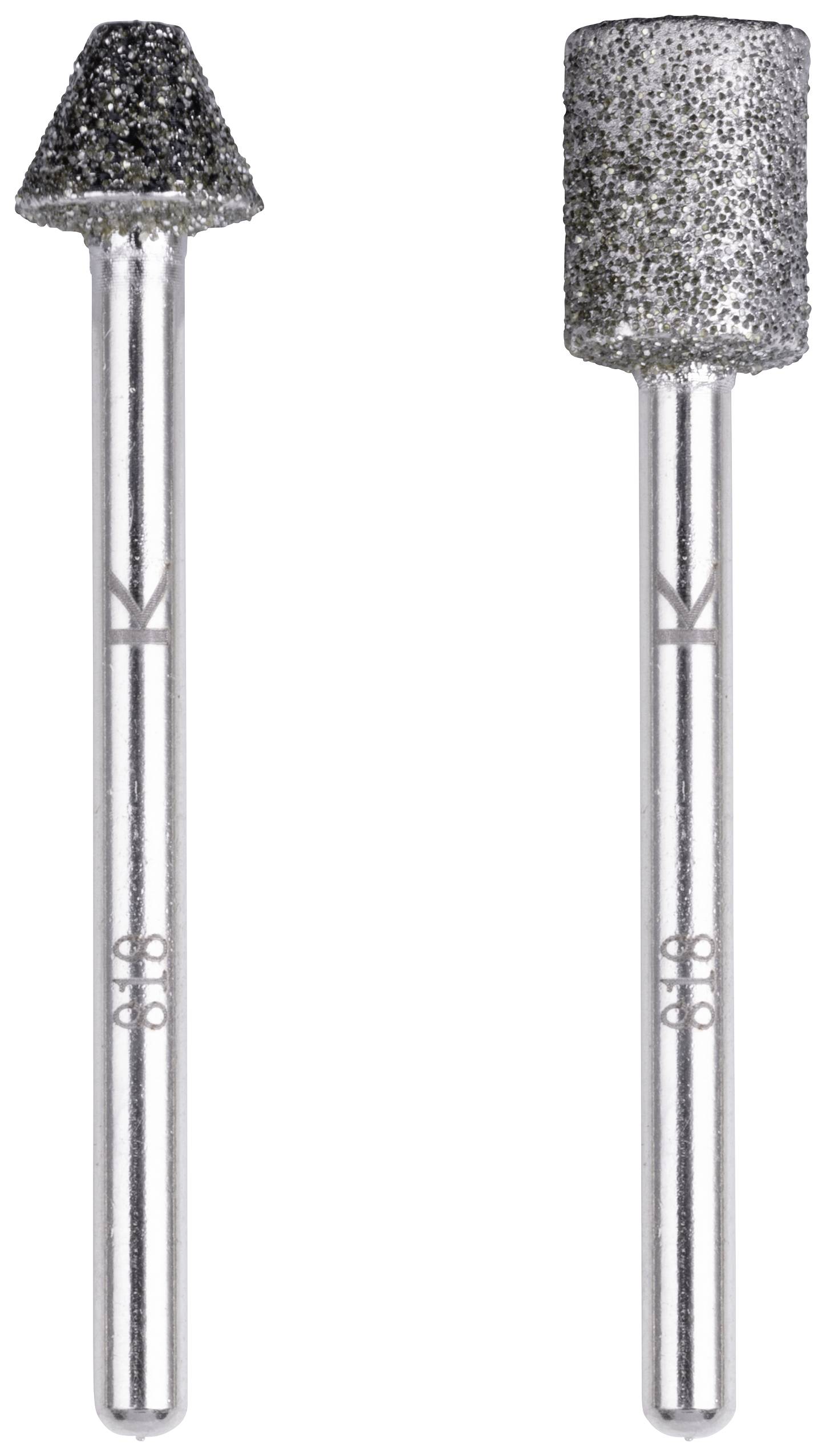 Deux forets pour ongles revêtus de diamant, l'un de forme conique et l'autre cylindrique, sur un fond blanc.