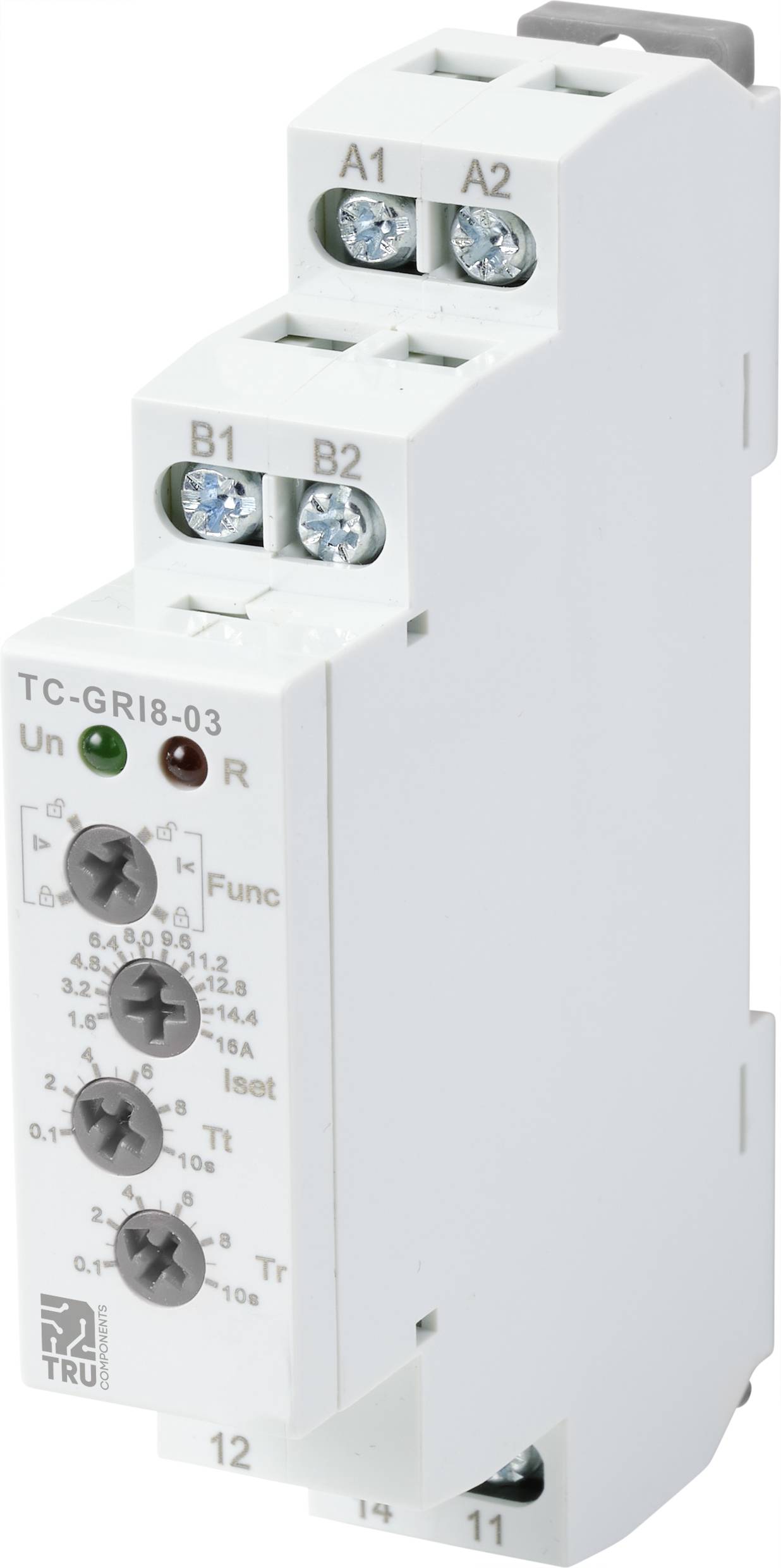 Un module électrique pour rail DIN avec plusieurs bornes de connexion, des connexions à vis et des boutons rotatifs, probablement destiné à des fonctions de commande.