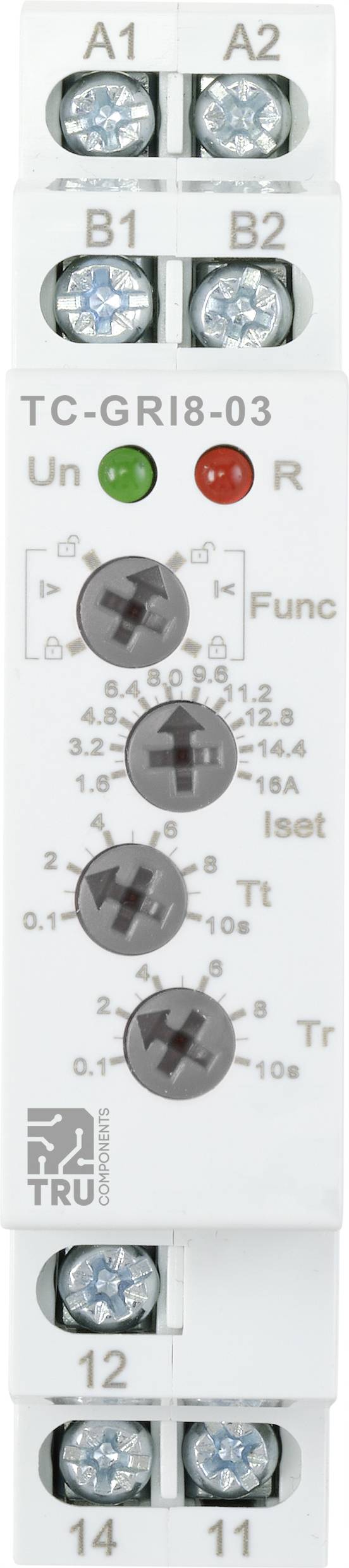 L'image montre un appareil électrique avec les désignations 'A1', 'A2', 'B1', 'B2', '11', '12', '14', des touches 'H' et des voyants 'Un', 'R'.